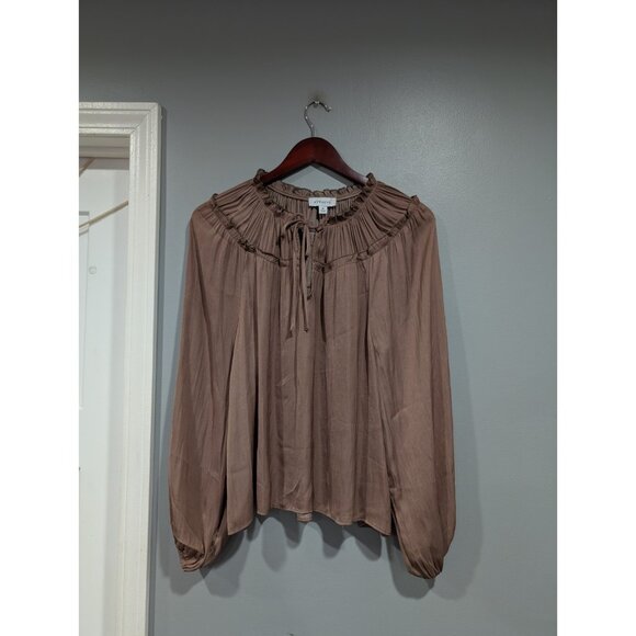 Evereve Womens Satin Peasant Blouse Top Taupe Boho Balloon Sleeve Ruffles Sz Med - Picture 1 of 16